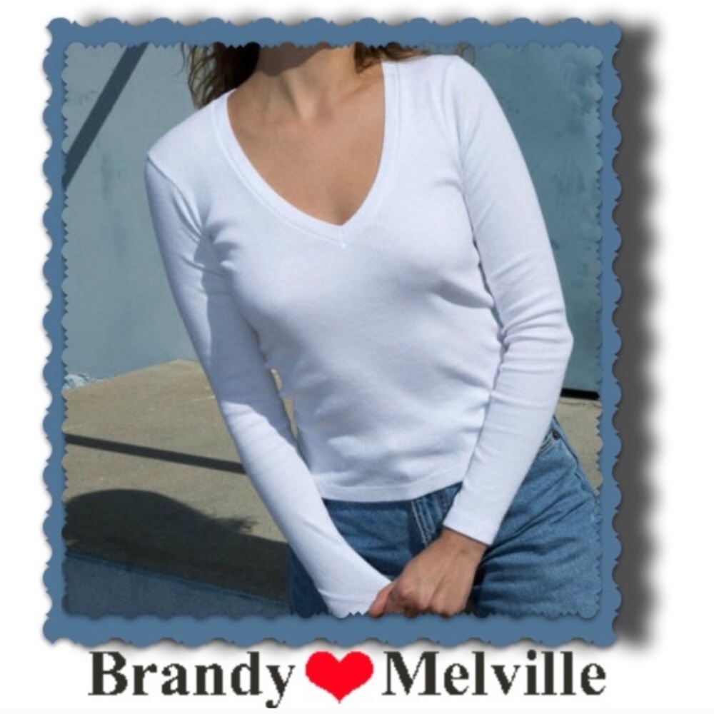 White Long Sleeve Ribbed V Neck Brandy Melville OS
